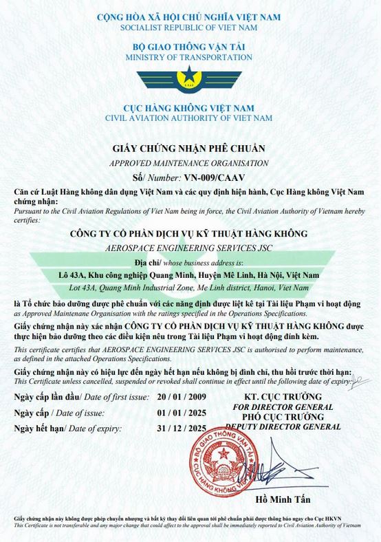 CAAV Maintenance Organisation Approval Certificate